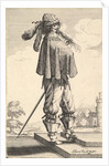 A gentleman wearing a short coat, a helmet, and boots with spurs, standing on the steps an…, 1629 by Abraham Bosse