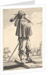 A gentleman wearing a short coat, a helmet, and boots with spurs, standing on the steps an…, 1629 by Abraham Bosse