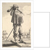 A gentleman wearing a short coat, a helmet, and boots with spurs, standing on the steps an…, 1629 by Abraham Bosse