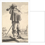 A gentleman wearing a short coat, a helmet, and boots with spurs, standing on the steps an…, 1629 by Abraham Bosse
