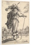 A gentleman, seen from behind, walking towards the right with a cane and wearing a plumed …, 1629 by Abraham Bosse