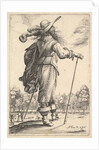 A gentleman, seen from behind, walking towards the right with a cane and wearing a plumed …, 1629 by Abraham Bosse