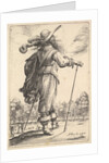 A gentleman, seen from behind, walking towards the right with a cane and wearing a plumed …, 1629 by Abraham Bosse