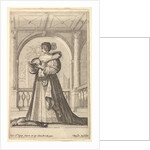 A woman standing, facing the left in profile, wearing a hat and a lace collar, reading…, ca. 1629 by Abraham Bosse