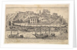 Plate 21: view from the west of ruins of the Aventine Hill, Rome, with boats on the river …, 1606 by Aegidius Sadeler II