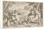 Love Conquers All, in a struggle with a satyr Amor places his right kn…, 1599 by Agostino Carracci