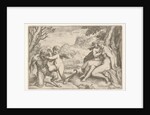 Love Conquers All, in a struggle with a satyr Amor places his right kn…, 1599 by Agostino Carracci