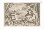 Love Conquers All, in a struggle with a satyr Amor places his right kn…, 1599 by Agostino Carracci
