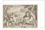 Love Conquers All, in a struggle with a satyr Amor places his right kn…, 1599 by Agostino Carracci