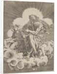 St. Matthew, seated on a cloud and dipping a quill into an inkwell held by an angel…, ca. 1518-20 by Agostino Veneziano