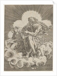 St. Matthew, seated on a cloud and dipping a quill into an inkwell held by an angel…, ca. 1518-20 by Agostino Veneziano