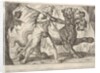 Hercules and Cerberus: Hercules grasps the collar of Cerberus, two demons appear at left…, 1608 by Antonio Tempesta