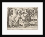 Hercules and Cerberus: Hercules grasps the collar of Cerberus, two demons appear at left…, 1608 by Antonio Tempesta