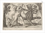 Hercules and Cerberus: Hercules grasps the collar of Cerberus, two demons appear at left…, 1608 by Antonio Tempesta