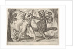 Hercules and Cerberus: Hercules grasps the collar of Cerberus, two demons appear at left…, 1608 by Antonio Tempesta