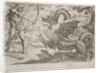 Hercules and the Serpent Ladon: Hercules draws his bow, the rearing serpent appears in pro…, 1608 by Antonio Tempesta