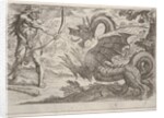 Hercules and the Serpent Ladon: Hercules draws his bow, the rearing serpent appears in pro…, 1608 by Antonio Tempesta