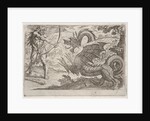 Hercules and the Serpent Ladon: Hercules draws his bow, the rearing serpent appears in pro…, 1608 by Antonio Tempesta
