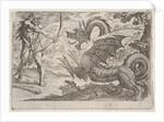 Hercules and the Serpent Ladon: Hercules draws his bow, the rearing serpent appears in pro…, 1608 by Antonio Tempesta