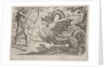 Hercules and the Serpent Ladon: Hercules draws his bow, the rearing serpent appears in pro…, 1608 by Antonio Tempesta