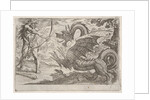 Hercules and the Serpent Ladon: Hercules draws his bow, the rearing serpent appears in pro…, 1608 by Antonio Tempesta