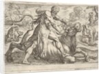 Hercules and Achelous: at center Hercules grasps the horns of a bull while pressing his ri…, 1608 by Antonio Tempesta