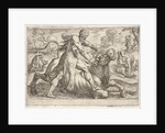 Hercules and Achelous: at center Hercules grasps the horns of a bull while pressing his ri…, 1608 by Antonio Tempesta