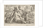 Hercules and Achelous: at center Hercules grasps the horns of a bull while pressing his ri…, 1608 by Antonio Tempesta