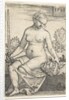 Judith, seated nude with a sword in her right hand, gazing down at the head of Holofernes …, 1523 by Barthel Beham