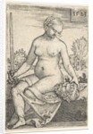 Judith, seated nude with a sword in her right hand, gazing down at the head of Holofernes …, 1523 by Barthel Beham
