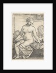 Judith, seated nude with a sword in her right hand, gazing down at the head of Holofernes …, 1523 by Barthel Beham
