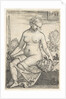 Judith, seated nude with a sword in her right hand, gazing down at the head of Holofernes …, 1523 by Barthel Beham