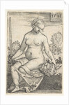 Judith, seated nude with a sword in her right hand, gazing down at the head of Holofernes …, 1523 by Barthel Beham