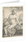 Judith, seated nude with a sword in her right hand, gazing down at the head of Holofernes …, 1523 by Barthel Beham