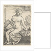 Judith, seated nude with a sword in her right hand, gazing down at the head of Holofernes …, 1523 by Barthel Beham
