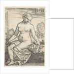 Judith, seated nude with a sword in her right hand, gazing down at the head of Holofernes …, 1523 by Barthel Beham