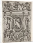 Bust of a woman in profile facing left, set in an elaborate frame with figures in n…, ca. 1540-80 by Battista del Moro