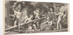 Six putti playing with the arms of Mars, four holding onto a large lance, one on the left …, 1769 by Bossi