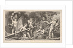 Six putti playing with the arms of Mars, four holding onto a large lance, one on the left …, 1769 by Bossi