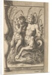 Two tritons embracing, one playing a panpipe, the second holding a conch shell set within …, 1579 by Cherubino Alberti