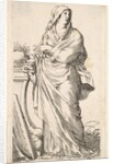Robed woman standing next to a plinth, her right hand bears a palm branch, a harp r…, ca. 1620-88 by Claude Mellan