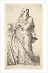 Robed woman standing next to a plinth, her right hand bears a palm branch, a harp r…, ca. 1620-88 by Claude Mellan