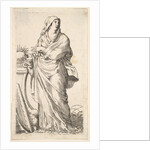 Robed woman standing next to a plinth, her right hand bears a palm branch, a harp r…, ca. 1620-88 by Claude Mellan