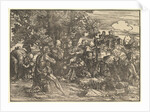Mary seated beneath trees with baby, flanked by Joseph at left and St. Jerome at right; St…, 1517 by Domenico Campagnola