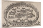 Naval engagement set inside a Roman arena, with the river Tiber and nymphs at lower lef…, 1577-85 by Etienne Duperac