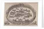 Naval engagement set inside a Roman arena, with the river Tiber and nymphs at lower lef…, 1577-85 by Etienne Duperac