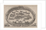 Naval engagement set inside a Roman arena, with the river Tiber and nymphs at lower lef…, 1577-85 by Etienne Duperac