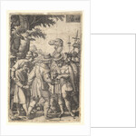 Joseph sold to the merchants: a bearded man grasping Joseph with his left hand receives co…, 1546 by Georg Pencz