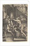 Joseph strides away from Potiphar's wife, who clutches his cloak with both hands as she st…, 1546 by Georg Pencz
