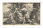 Abraham sending away Hagar and Ishmael: Abraham holds forth a vessel as Hagar and Ishm…, ca. 1543 by Georg Pencz